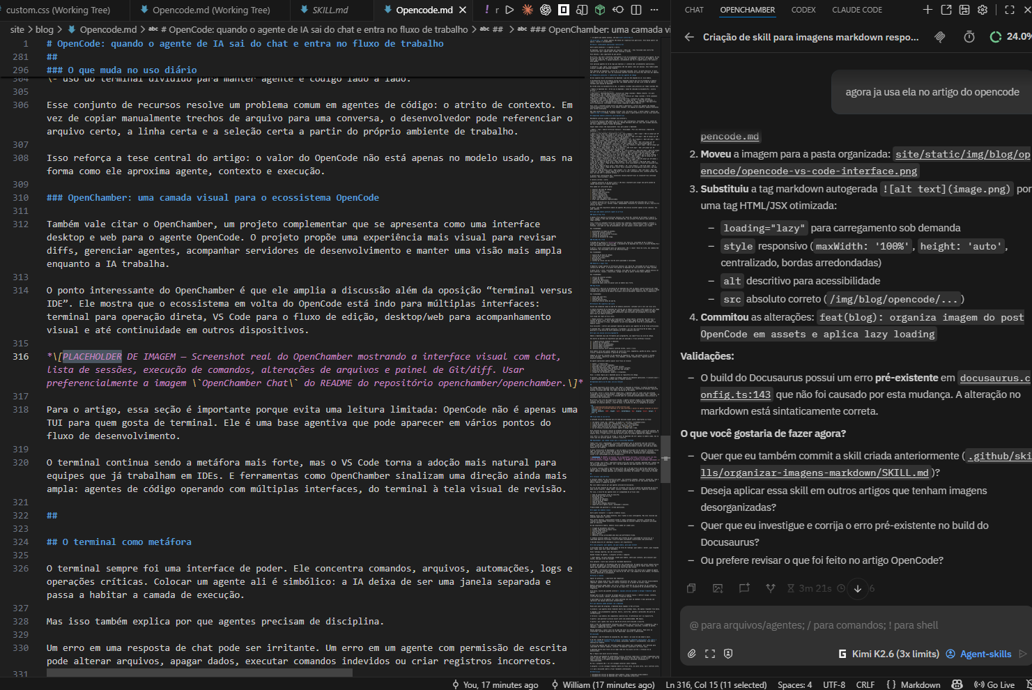 Interface visual do OpenChamber mostrando painel de chat, sessões e revisão de diffs