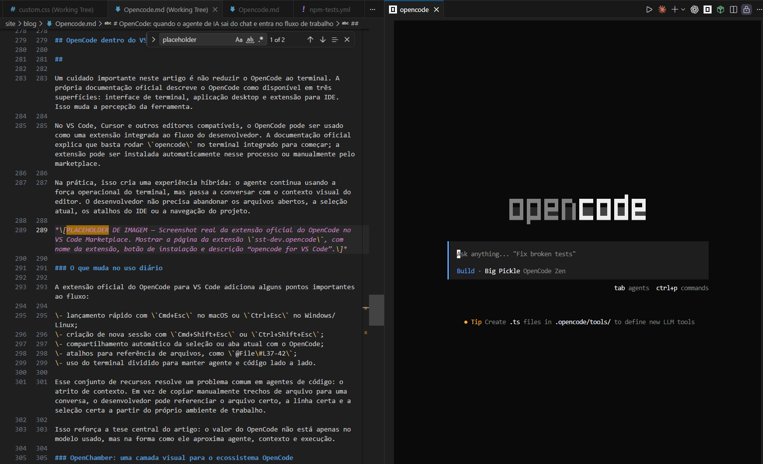 Interface da extensão OpenCode no VS Code mostrando o painel do agente integrado ao editor